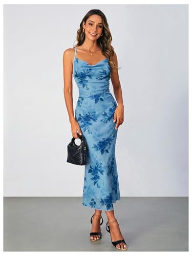 Image of SOLY HUX Women's Floral Mesh Bodycon Cami Dress Cowl Neck Sleeveless Cocktail Party Wedding Guest Long Maxi Dresses