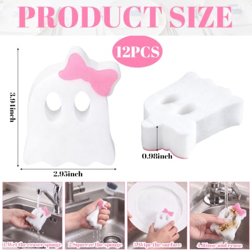 Image of Tioncy 12 Pack Pink Bow Ghost Kitchen Sponges Bulk Dual Sided Scrubber Ghost Sponges Reuseble Non Scratch Dishwashing Kitchen Cleaning Accessories for Cookware Pot Boiler Pan Household