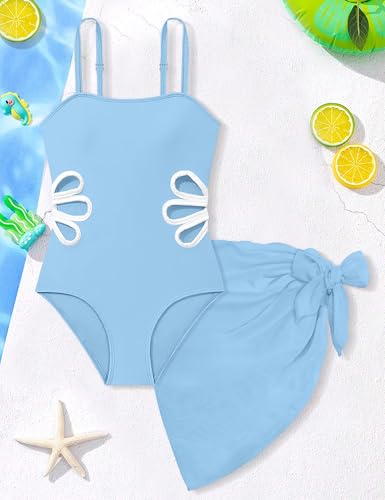 Image of Girls Swimsuit Adjustable Straps Cut Out One Piece Bathing Suit with Solid Color Cover Up Skirt Girls' Swimwear 5-16Y