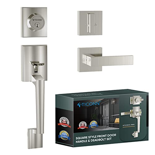 Image of TICONN Front Door Handle Set, Heavy Duty Square Door Lever & Single Cylinder Deadbolt Combo Reversible for Entrance Exterior Doors (Satin Nickel)