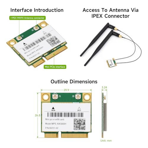 Waveshare Wireless MINIPCIE AX200 NIC, Compatible con Linux, Windows 10/11, Wi-Fi 6 Gigabit de Doble Banda, Estándar 802.11AX, Bluetooth 5.2 miniatura 7