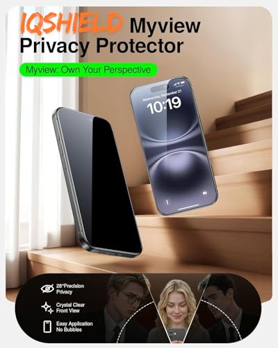 Image of IQShield My-View Privacy Screen Protector Tempered Glass Guard for iPhone 16 and iPhone 15, 9H Hardness, 2-Way Anti-Spy, Case Friendly [1 Pack]