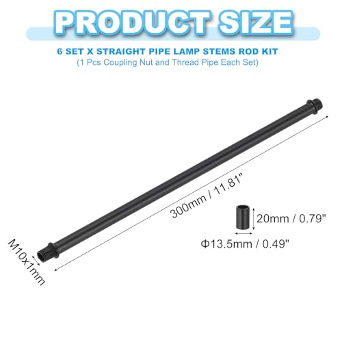 Image of PATIKIL Straight Pipe Lamp Stems Rod Kit, 6 Set M10 Carbon Steel 300mm(11.81 inch) Long Double End Thread Rod with Coupling Nuts Sleeve Connector for Table Lamps Chandeliers, Black
