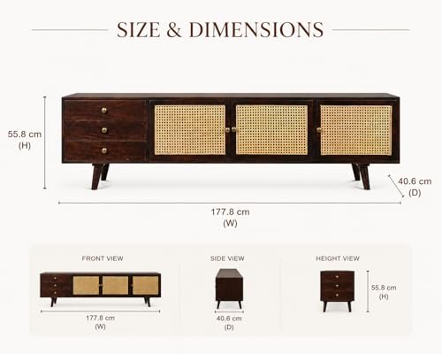Image of Premium Solid Wood, 10 Minutes Assembly (Legs Only), Aesthetic Rattan Doors, Mid Century Entertainment Center for Living Room, TV Stand for 65 inch TV, Dark Chocolate (Dark Walnut)