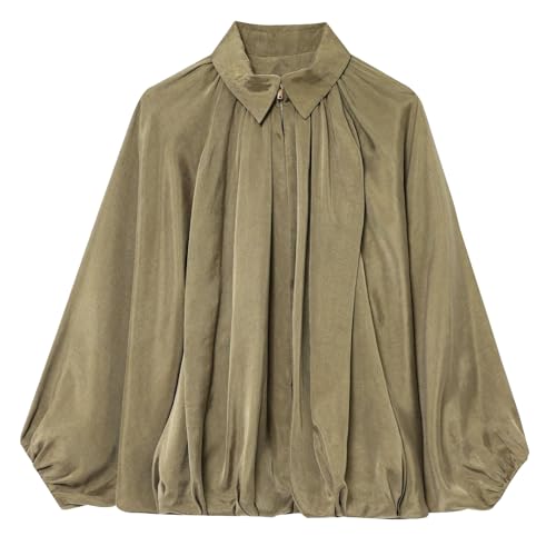 Talakeno Womens Puffed Bomber Jacket Casual Batwing Sleeve Lapel Collar Zip Shirts Oversized Pleated Streetwear Jackets(Green,L)