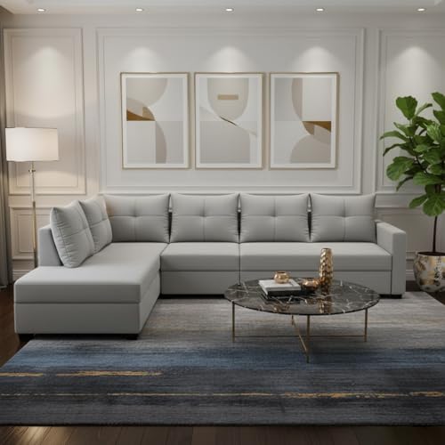 Image of SOCOZI Oriana 6 Seater LHS L Shape Sofa Set | Soft Velvet Suede Fabric L Shape Sofa for Livingroom (Light Grey)