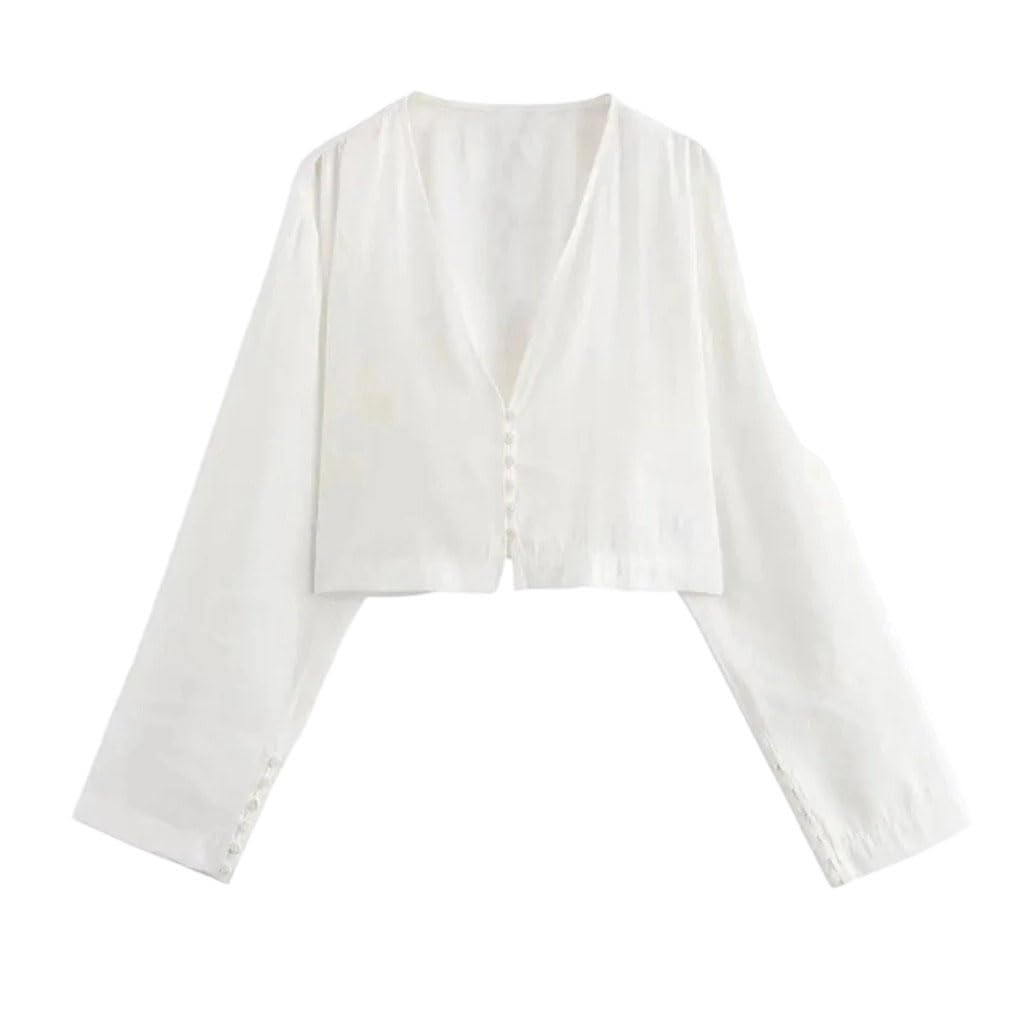 Blusas para mujer, con cuello en V, estilo casual, manga larga, con botones, holgadas