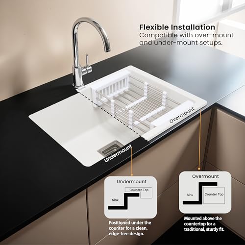 Image of Ruhe Crystal White Quartz Single Bowl Kitchen Sink - 21x18x9 inches | Noise-Reducing, Durable & Scratch-Resistant Kitchen Sink | Granite Sink with Vegetable Washing Basket, Coupling and Waste Pipe