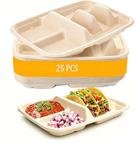 Disposable Taco Plates for 2 Tacos & 2 Sides – 25 PACK | Premium Paper Plates with Dividers, Fiesta Taco Holder, Taco Stand for Tuesday & Bar Serving Set