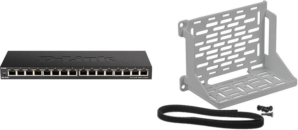 D-Link Ethernet Switch, 16 Port Gigabit Slim Switch Plug and Play, Unmanaged, Metal Housing & On-Q AC1060 Shelf Mounting Bracket, White