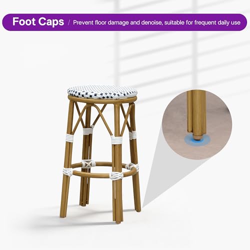 Image of PURPLE LEAF Patio Round Counter Height Stool Set of 2 Outdoor Backless Barstools Aluminum Frame in Bamboo Finish with White & Blue Woven Rattan for Indoor Kitchen Dining Bistros Cafe Restaurant