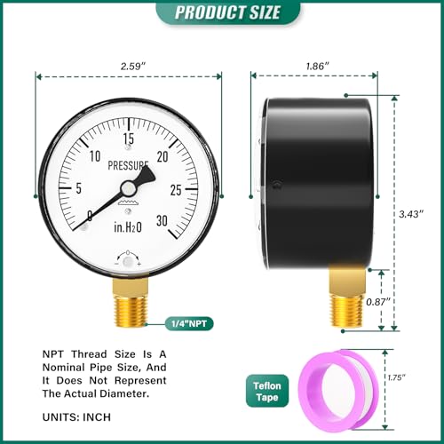 Image of 0-30 in H2O Diaphragm Type Capsule Low Pressure Gauge 2-1 /3 inch Dial Size, 1 /4 inch NPT Lower Mount, Adjustable Water Column Gauge, for Pressure Testing with Air, Gas, Water, and Other Liquids
