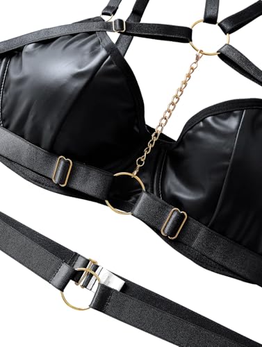 Image of SSoShHub Pu Leather Strappy Wirefree Garter Belt Lingerie Bra Panty Set with G String and Thigh Belts for Women Girl with Panty