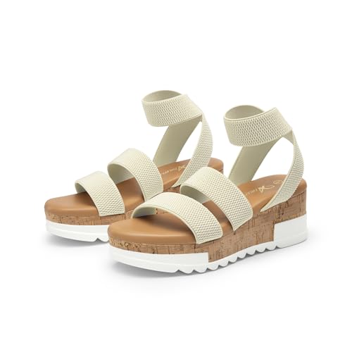 Athlefit Women's Platform Wedge Sandals Summer Casual Open Toe Elastic Ankle Strap Flatform Wedges Sandals Beige Size 8
