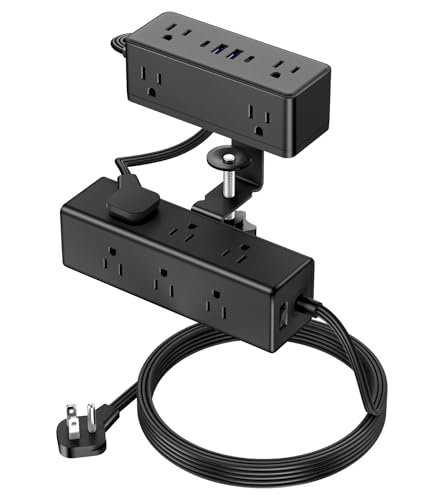 Dual Layer Desk Clamp Power Strip with 4 USB Ports(20W USB-C) & 15 AC Outlets Desktop Edge Mount Surge Protector Ultra Thin Flat Plug & 5FT Power Cord for Office Home(ETL Listed)