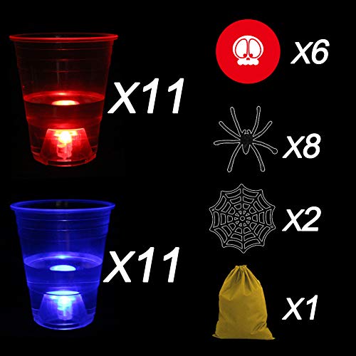Six Senses Media The Halloween Dark Beer Pong Set, Beer Pong Party Cup Set, LED Beer Pong Cups and Novelty Skull Pong Balls,22 Set