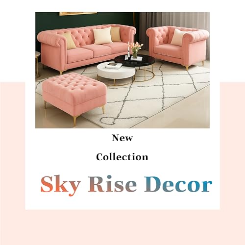 Image of Modern Classic 5 Seater Sofa Set Couch Fabric & Valvet Tufted 3+1+1footrest Chesterfield Sofa Living Room and Office (Pink 3+1+1Footrest) | Premium Material