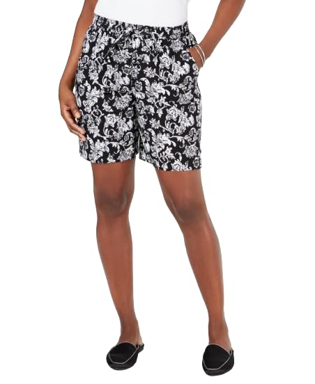 Karen Scott Printed Drawstring Shorts (Deep Black...
