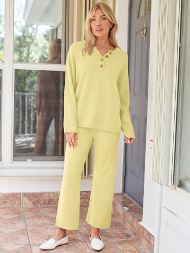 Image of LILLUSORY Women's 2 Piece Oversized Slouchy Matching Lounge Sets | Comfy Knit Loungewear, Airport Travel Outfits, Henley Button Drop Shoulder Tunic & Wide Leg Pull-on Pants