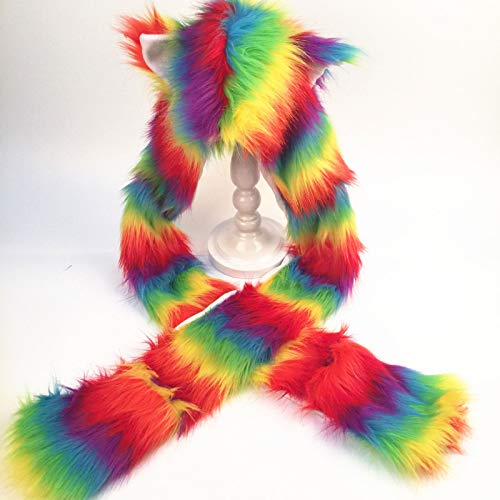 Women Rainbow Stripes Furry Animal Hoodie Hat Plush Ears Paws Earflap Scarf Gloves Mittens Warmer Color A3