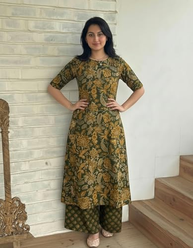 Image of ANNI Designer Women's Viscose Blend Straight Printed Kurta with Palazzo | Elbow Length Sleeve Kurti Set | Close Neck with Back Slit | Soft Comfortable Fabric | 2 Piece Outfit