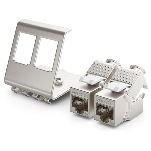 deleyCON 1x CAT6a Keystone Jack Module Avec 1x 2-Port Adaptateur Pour Profilé Chapeau Comme Set Métal STP Blindage RJ45 Femelle 10 Gbit/s Réseau Montage Snap-In Pour Profilés Chapeau 35mm