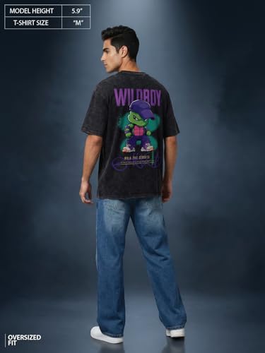Image of Veirdo Heavy GSM Pure Cotton Men's Graphic Print Oversized Fit Half Sleeve Round Neck Cotton Acid Wash Print T-Shirt in Different Colors with Sizes ranging from S to 2XL.