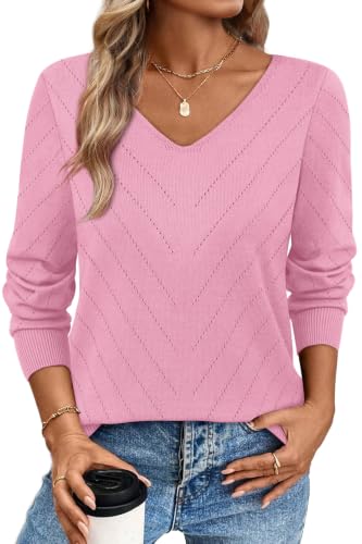 Image of WIHOLL Sweaters for Women V Neck Casual Knit Long Sleeve Tops Lightweight Pullover Clothes Fall Fashion Outfits 2026