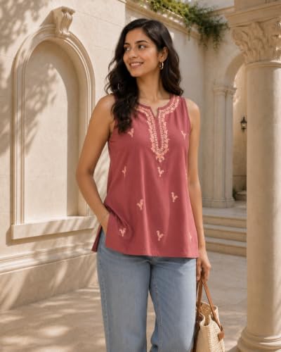 Image of QAZMI Women's Laiba Kashmiri Embriodered Sleeveless Short Kurti