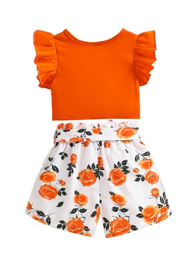 Image of Girls 2 Piece Outfits Summer Clothes Ruffle Short Sleeve Shirts Top and High Waist Shorts Set with Belt