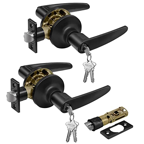 Bestten [2 Pack] Black Front Door Handle Set Entrance Door Levers Keyed Alike Door Lockset, Matte Black, Roma Series #TOP21