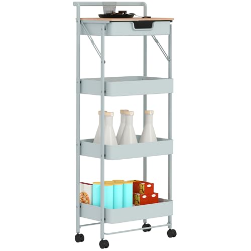 HOMCOM Carrito Auxiliar con Ruedas de 4 Niveles Carrito de Cocina con 1 Cajón y 3 Cestas Carrito Organizador para Dormitorio Salón Oficina Verde Claro