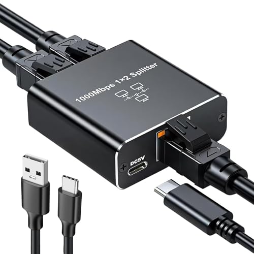 Switch Ethernet Splitter 1 a 2 Gigabit 1000Mbps Duplicador RJ45 2 Ports con Alimentación USB C, Duplicador Ethernet para Ordenador TV Conmutadores Descodificadores, Switch RJ45 Splitter Plug and Play