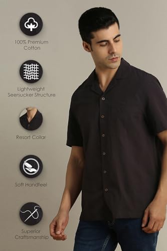 Image of Peter England Men's Casual Half Sleeve Resort Collar Shirt in 100% Cotton Seersucker with Striped Design