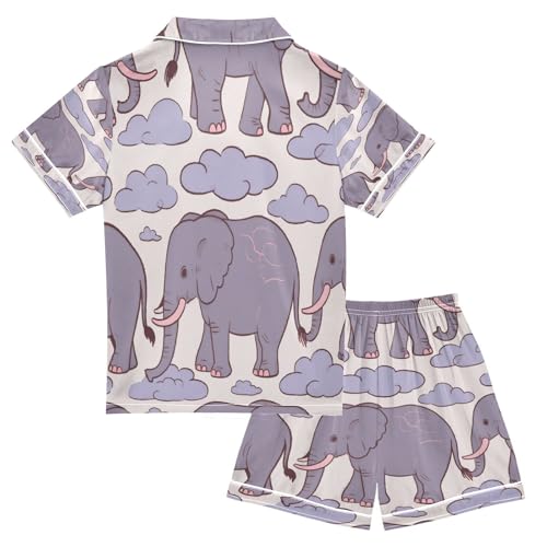 Satin Pajama Sets Short Sleeve Elephant Clouds Pattern Button Down Silky Nightwear 2 Piece PJS 5-14Y2