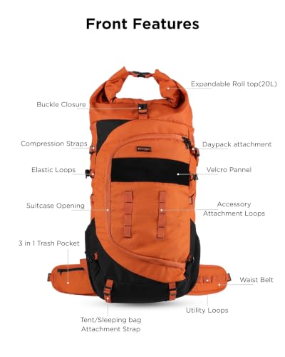 Image of CarryPro NOMAD 65L+ Travel Backpack Large Capacity Hiking & Travel Rucksack Durable Water Resistant Multi Compartment Trekking Bag with Padded Shoulder & Back Support