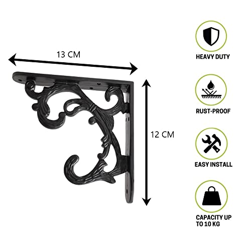 Image of Metal Handcrafted Shelf Bracket for Floating Shelves L Angle Decorative L Shaped Corner Brace Joint Heavy Duty Wall Mounted Shelf Supporter Corner Brace Holder (Black, Pack of 2)