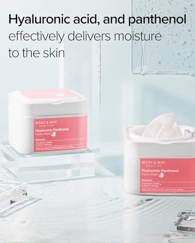 Image of Mary&May Hyaluronic Panthenol Daily Sheet Mask, 30 Sheets | Korean hydrating face mask with 6 types of hyaluronic acid, 1,000ppm panthenol & allantoin, pull-out case for dry, dull skin