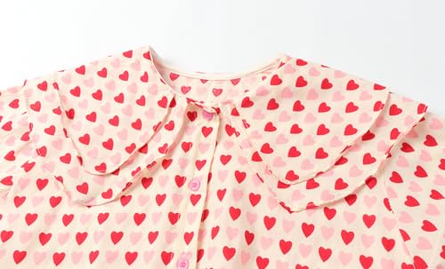 LittleSpring Little Girls Button Down Shirt for Kids Peter Pan Collar Heart Printing Blouse Long Sleeve Valentine's Day Tops Pink Size 7-83