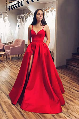 GUKARLEED Women's Ruched Satin Prom Dresses High Slit Long Formal Dress V Neck Corset Ball Gowns Evening Dress with Pockets2