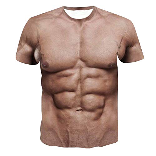 DOGZI Hombre Camisetas de Manga Corta elástica con 3D músculos Divertidas Estampado Aptitud Sudor Cuello Redondo Manga Larga Tops