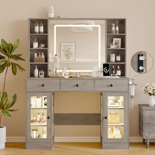 Image of Makeup Vanity Desk with Mirror and Lights, 43 inch Grey Vanity with Glass Top, Jewelry Storage, 3 Drawers & Glass Cabinets, Power Outlet & Adjustable LED Lights, Dressing Table for Women & Girls Bedroom