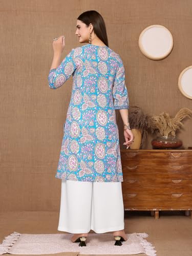 Image of rangita Blue Cotton Knee Length Printed Straight Kurti for Women | Kurta for Women