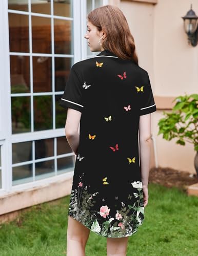 Image of Ekouaer Nightgowns for Women Button Down Sleepshirt Short Sleeve Nightshirt Boyfriend Pajamas V Neck Nightdress S-XXXL