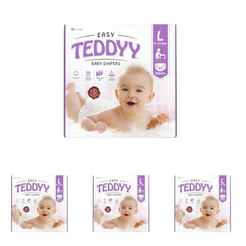 Image of TEDDYY Easy Baby L Size Diaper Tape Style | 60 Count (Large) | 9-13 kgs (Pack of 4) | Quick Absorbency | Extra Super Soft | Anti - Bacterial | Wetness Indicator with Adjustable Grip Tapes