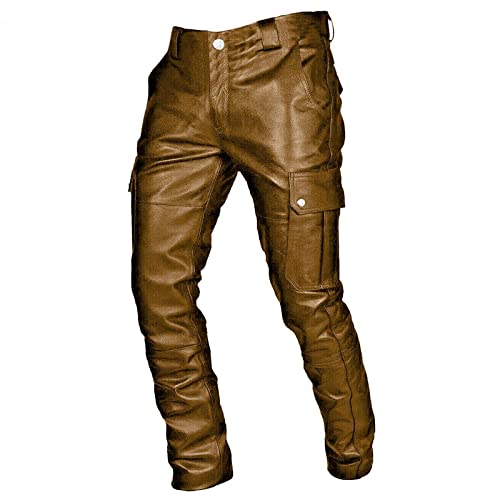 Homisy Leather Pants For Men Motorcycle Pant For Bikers Rider Moto Sports Street Cargo Trouser Real Pu Leather (Brown, Large) #TOP1