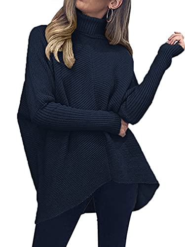 Image of ANRABESS Women's Sweaters Casual Long Sleeve Cowl Neck Solid Color Pullover Knit Sweater Tops A87zanglan-M Navy Blue