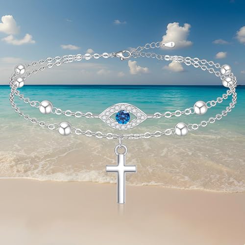 Image of Evil Eye Anklet Sterling Silver Infinity Lotus Flower Evil Eye Anklets for Women Ankle Bracelets Turkish Blue Eyes Protection Chain Jewelry