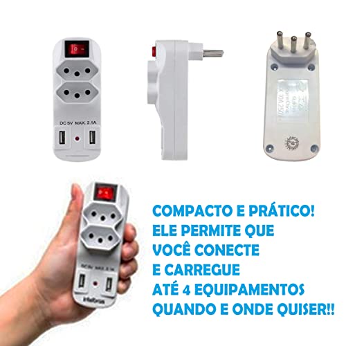 Adaptador 2 Tomada Padrão 10a Benjamim Bivolt Plug Duplo C/ 2 Portas USB LED Com Botão Liga/Desliga