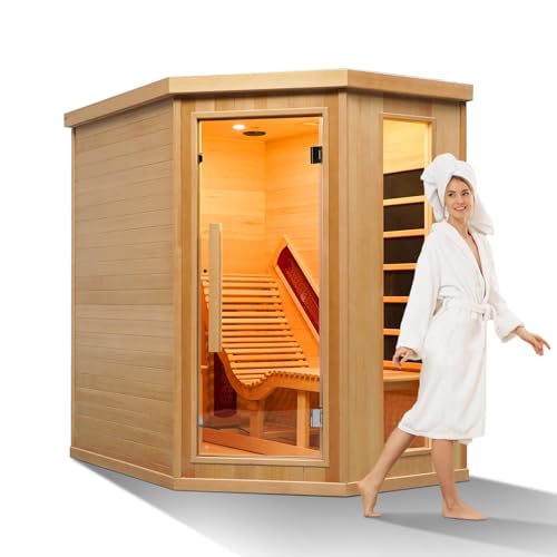 Duthss Infrared Home Sauna Room, Canadian Hemlock Wood Dry Sauna with LED Control Panel and Tempered Glass Door, Single Person Lounge Chair